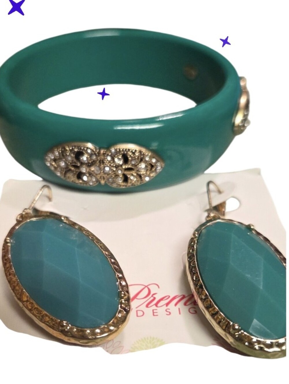 Premier Designs Teal Resin Bracelet with Teal Faceted Drop Earrings